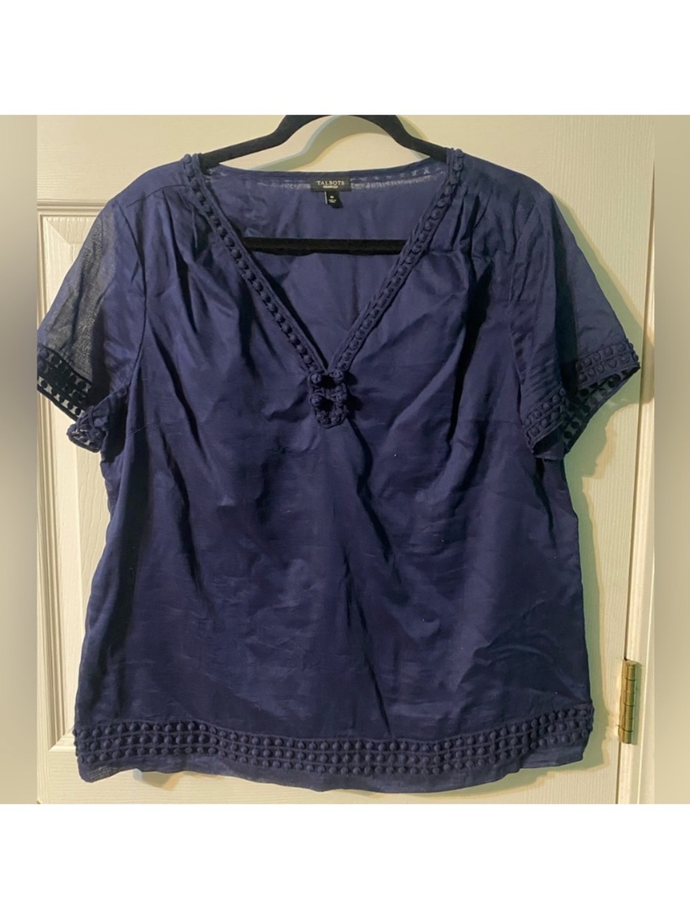 Talbots Navy Blue V-Neck Embroidered Short Sleeve Blouse